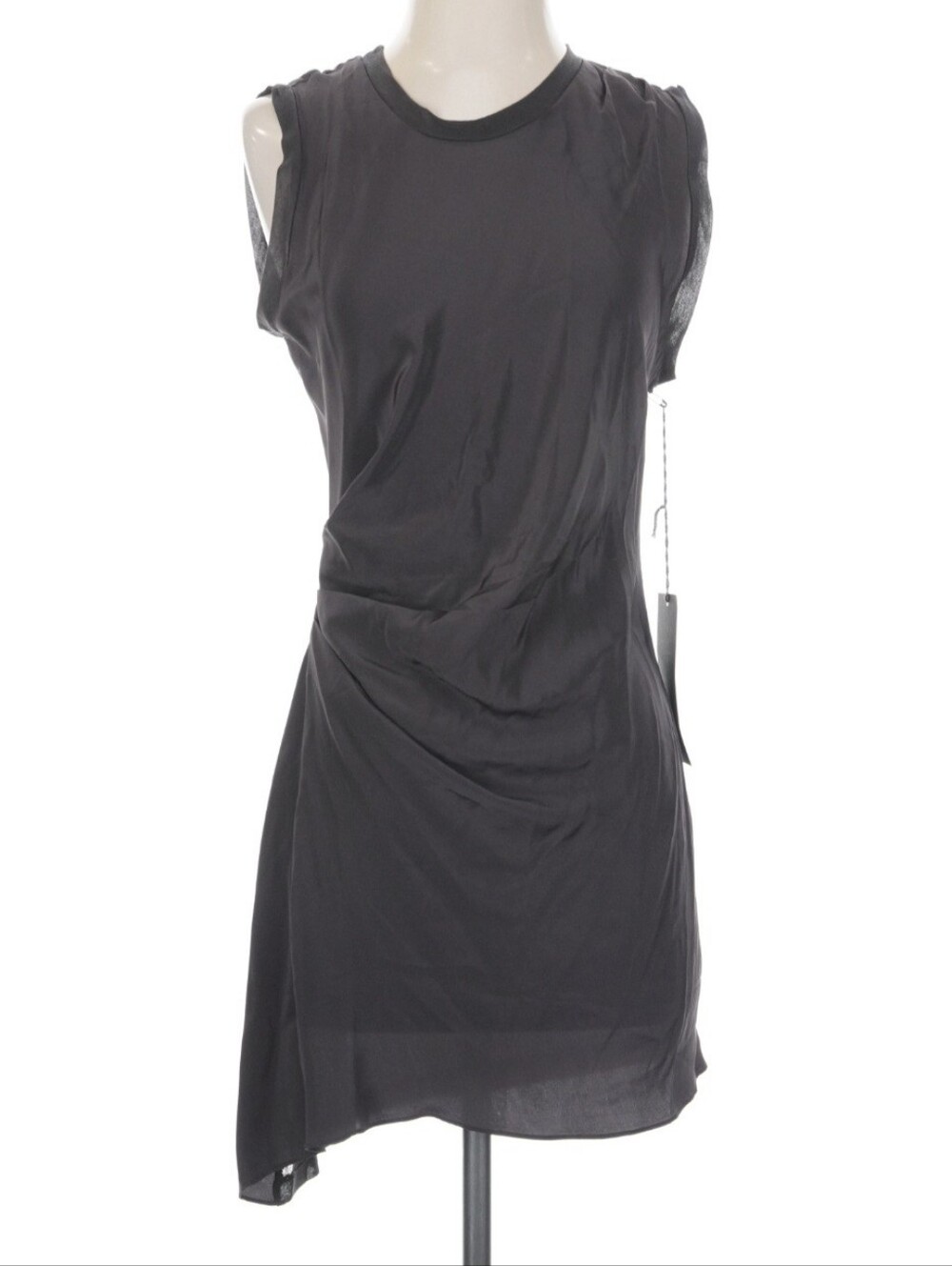 NWT KES NYC Silk Asymetric Sleeveless Drape Dress, Graphite Gray, S, Made In USA